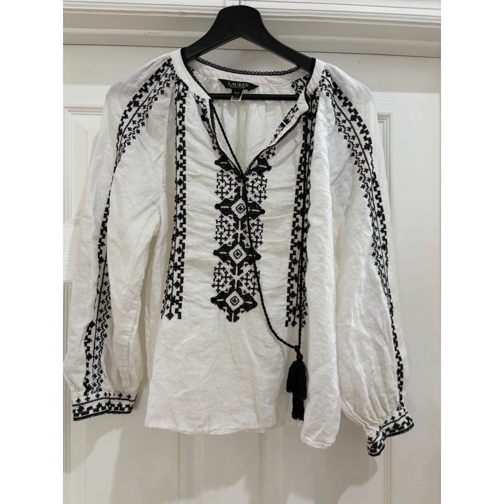 Lauren Ralph Lauren Petite Large White Black Embroidered Peasant Blouse